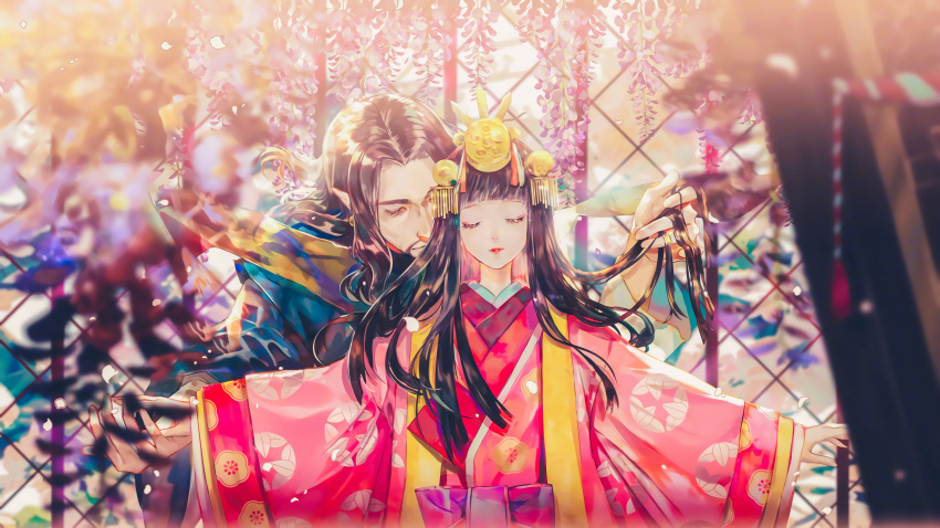 1boy 1girl absurdres bangs blunt_bangs blurry blurry_background blurry_foreground brown_hair chinese_commentary closed_eyes commentary_request depth_of_field eyeshadow facial_hair facing_viewer flower hair_ornament headpiece highres japanese_clothes kimono long_hair long_sleeves makeup mustache obi onmyoji pink_kimono pointy_ears resized sash say_hana smile tassel upscaled waifu2x wide_sleeves