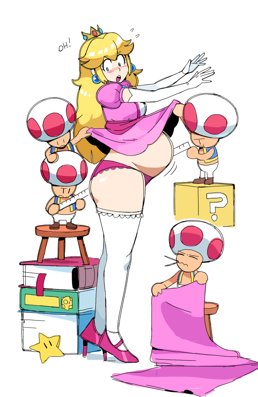 1girl 3others ?_block bangs belly blue_eyes blush book breasts chair crown dress earrings embarrassed english_text eyebrows_visible_through_hair eyelashes fabric gloves high_heels highres jewelry lewdlemage long_hair looking_back multiple_others open_mouth panties pregnant princess_peach sewing simple_background starman_(mario) stool super_mario_bros. super_mario_bros. tape_measure thigh-highs toad underwear