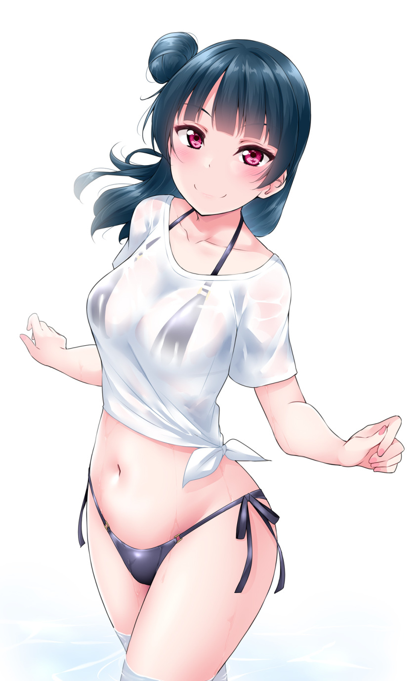 1girl bangs bikini black_bikini blunt_bangs blush breasts collarbone dark_blue_hair highres long_hair looking_at_viewer love_live! love_live!_sunshine!! nail_polish navel red_eyes see-through shirt short_sleeves side-tie_bikini side_bun simple_background small_breasts smile solo swimsuit tied_shirt tsushima_yoshiko water wet wet_clothes wet_shirt white_background white_shirt yopparai_oni