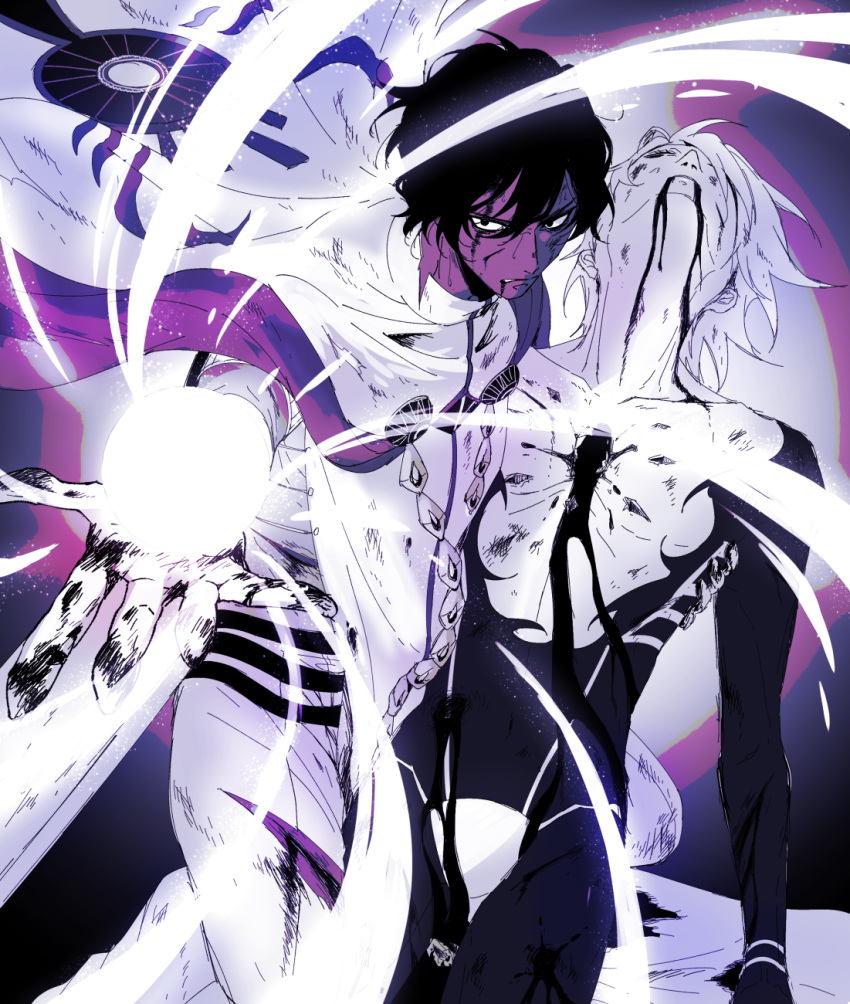 2boys angry arjuna_(fate/grand_order) bangs bare_shoulders black_eyes blood blood_on_face bloody_clothes bloody_hands bodysuit brown_hair chest chest_jewel cloak couple dark_skin dark_skinned_male defeat fate/grand_order fate_(series) fighting_stance gloves hair_between_eyes highres holding_another hukahire0313 jewelry karna_(fate) looking_at_viewer male_focus multiple_boys powering_up simple_background upper_body