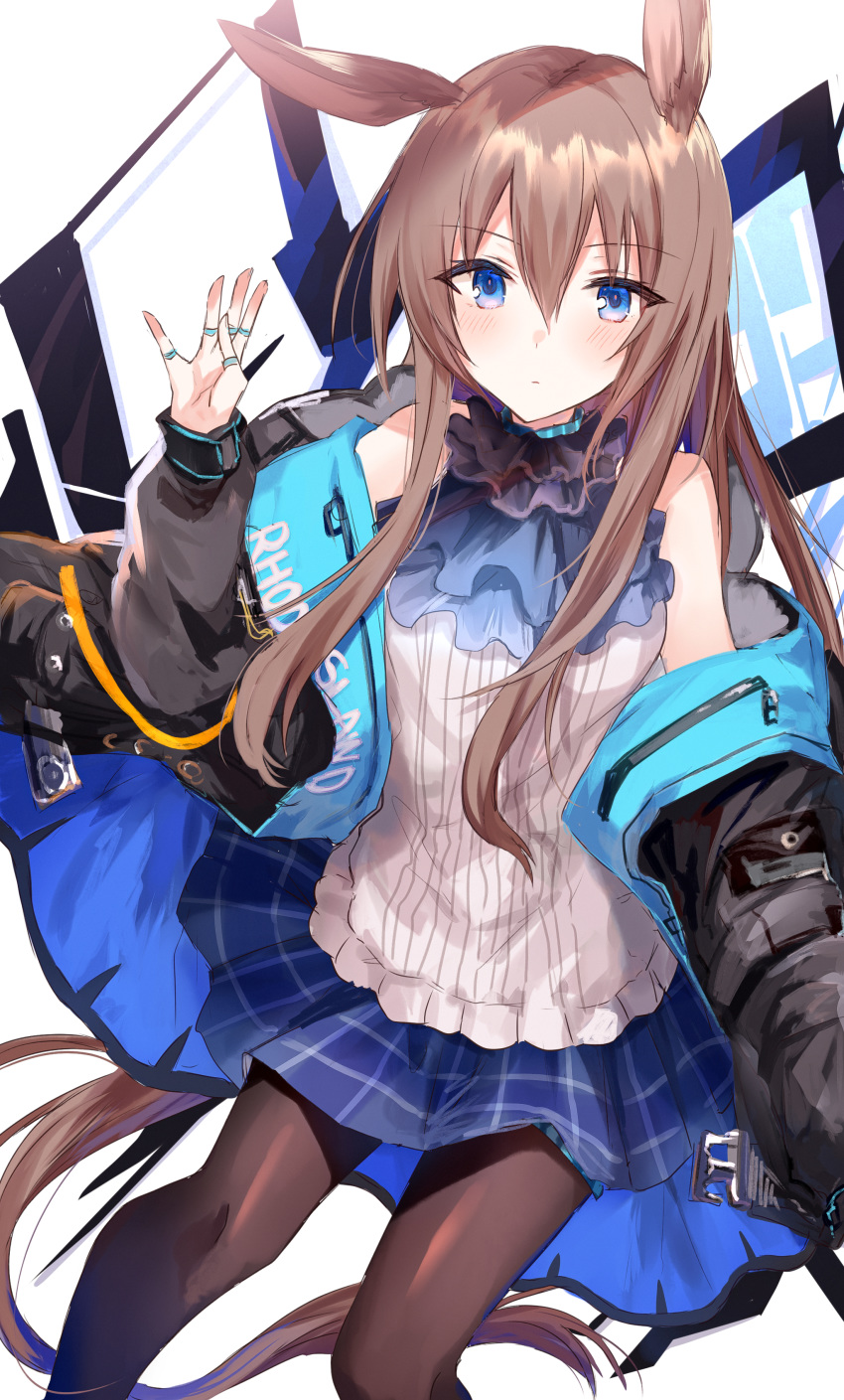 1girl absurdres amiya_(arknights) animal_ears arknights ascot bangs bare_shoulders black_jacket blue_eyes blue_neckwear blue_skirt blush brown_hair brown_legwear closed_mouth commentary_request eyebrows_visible_through_hair hair_between_eyes hand_up highres jacket jewelry kinona long_hair long_sleeves looking_at_viewer open_clothes open_jacket pantyhose pleated_skirt puffy_long_sleeves puffy_sleeves rabbit_ears ring shirt skirt sleeveless sleeveless_shirt sleeves_past_wrists solo thumb_ring very_long_hair white_background white_shirt