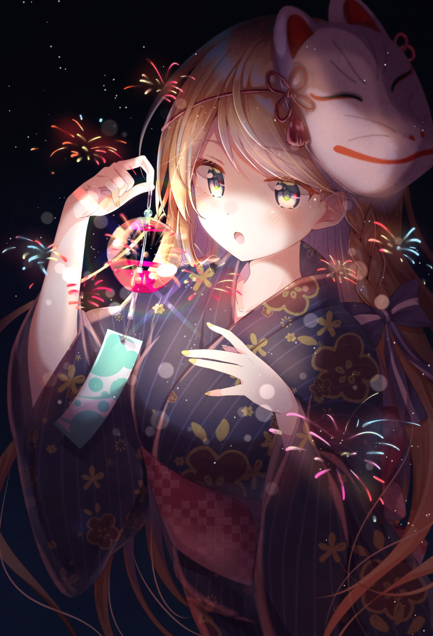 1girl :o aerial_fireworks bangs black_kimono blonde_hair blue_bow bow braid commentary_request emori_miku_project emu_alice eyebrows_visible_through_hair fireworks floral_print fox_mask gomano_rio green_eyes hair_bow hands_up highres holding japanese_clothes kimono long_hair long_sleeves mask mask_on_head obi official_art parted_lips print_kimono sash solo striped striped_bow upper_body vertical-striped_kimono vertical_stripes very_long_hair wide_sleeves wind_chime