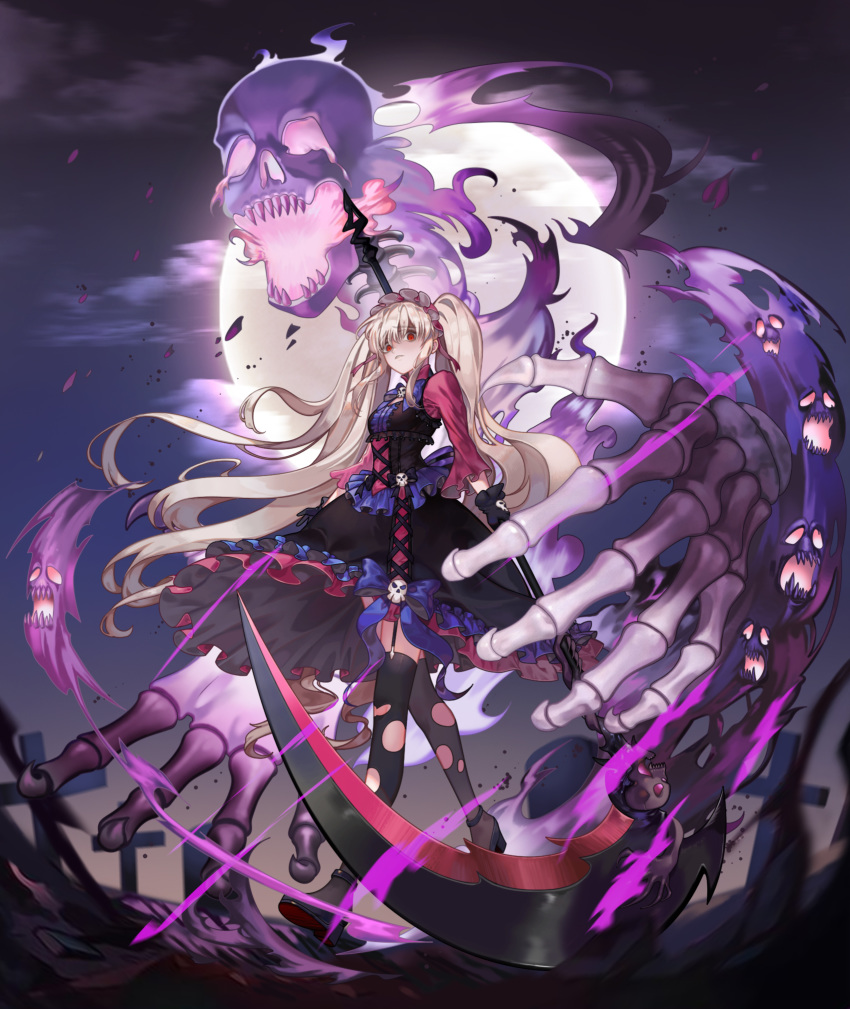 1girl bangs black_dress black_gloves black_legwear blonde_hair breasts dress eyebrows_visible_through_hair frills frown full_body ghost gloves headdress highres holding holding_scythe holding_weapon long_hair long_sleeves looking_at_viewer magic medium_breasts moon night night_sky original outdoors parted_lips peach_luo red_dress red_eyes red_footwear scythe sharp_teeth shoes skeleton skull sky solo standing symbol_commentary teeth thigh-highs torn_clothes torn_legwear two_side_up very_long_hair weapon