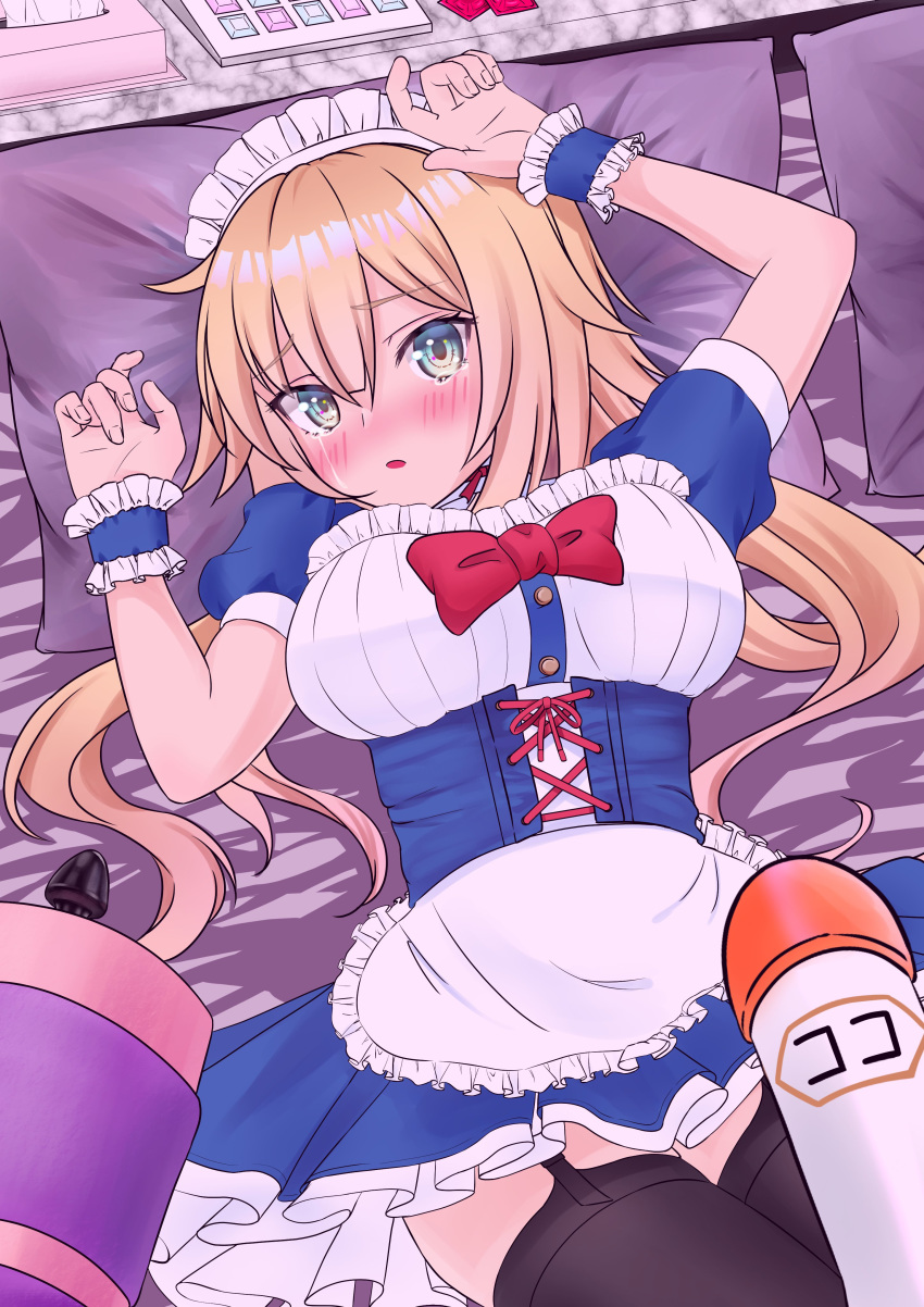 1girl absurdres akai_haato arms_up bangs black_legwear blonde_hair blush bow commentary_request corset crying crying_with_eyes_open eyebrows_visible_through_hair garter_straps gola hair_between_eyes head_on_pillow highres hololive looking_at_viewer lying maid maid_dress maid_headdress on_back parted_lips pillow red_bow shiny shiny_hair short_sleeves tears thigh-highs wrist_cuffs