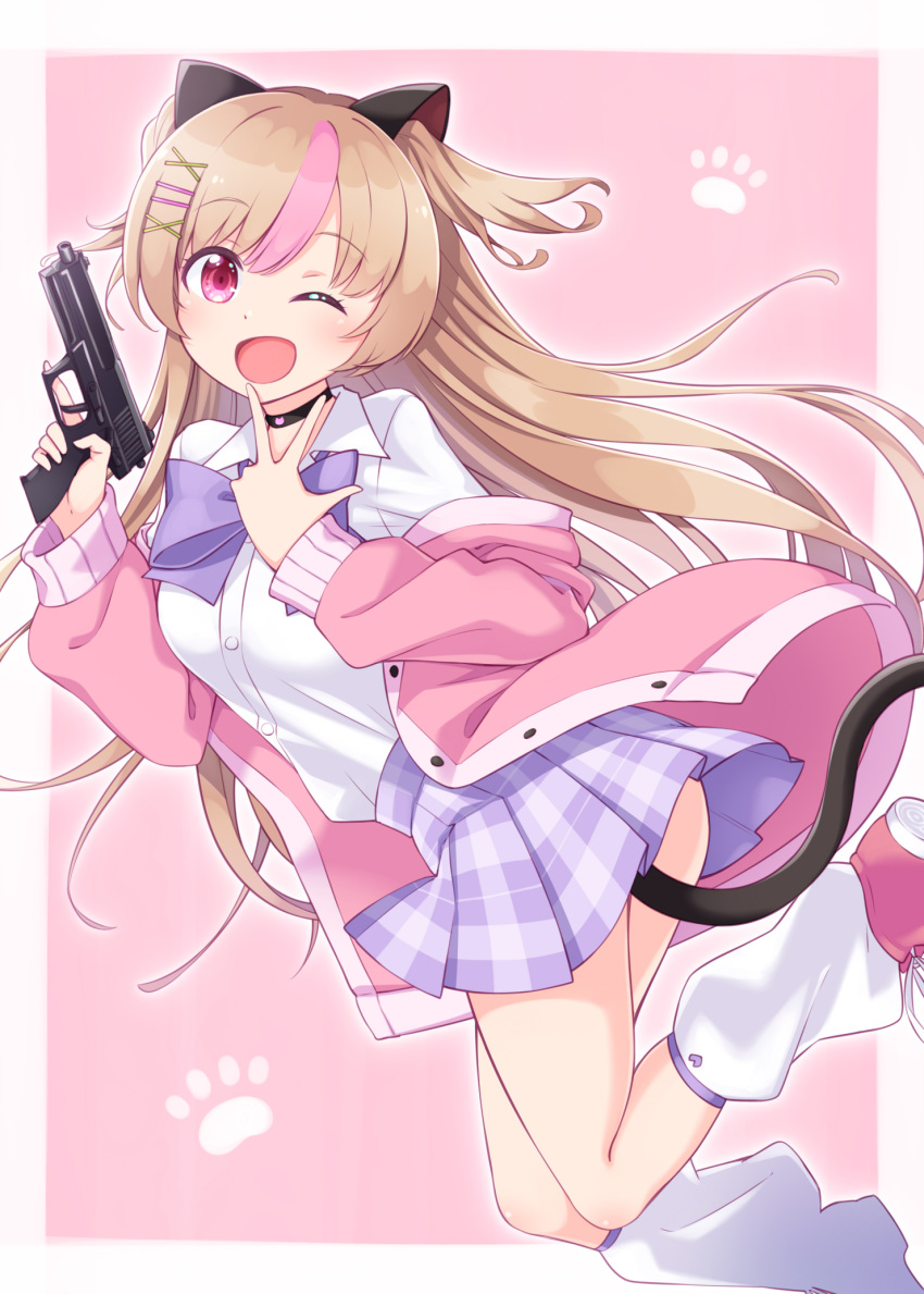 1girl ;d animal_ears black_choker blush bow breasts cat_ears cat_tail choker collared_shirt commentary_request dress_shirt fake_animal_ears girls_frontline grey_background gun h&amp;k_mark_23 hair_ornament hairclip handgun haradaiko_(arata_himeko) highres holding holding_gun holding_weapon jacket kneehighs light_brown_hair long_hair long_sleeves looking_at_viewer loose_socks mk23_(girls_frontline) multicolored_hair object_namesake off_shoulder one_eye_closed open_clothes open_jacket open_mouth pink_background pink_hair pink_jacket plaid plaid_skirt pleated_skirt puffy_sleeves purple_bow purple_skirt red_eyes red_footwear shirt shoes skirt small_breasts smile solo streaked_hair tail two-tone_background two_side_up very_long_hair weapon white_legwear white_shirt x_hair_ornament