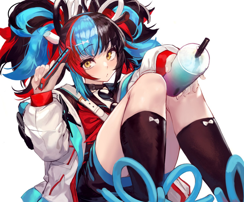 1girl akieda bangs black_hair black_legwear black_sailor_collar black_shirt blue_hair blush cellphone commentary cup disposable_cup drinking_straw fate/grand_order fate_(series) feet_out_of_frame hair_ornament hairclip highres holding holding_cup holding_phone jacket long_sleeves looking_at_viewer multicolored_hair parted_lips phone redhead sailor_collar sei_shounagon_(fate) shirt simple_background smartphone smile solo twintails white_background white_jacket yellow_eyes