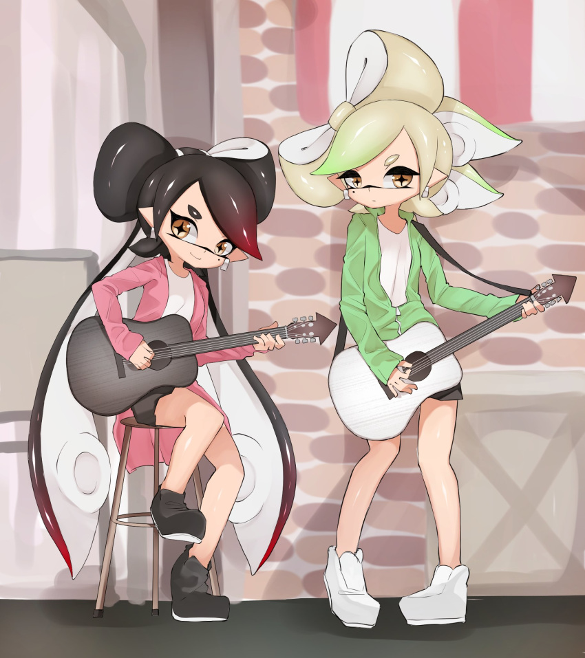+_+ 2girls aori_(splatoon) bangs black_footwear black_hair black_shorts brown_eyes closed_mouth commentary_request cousins domino_mask earrings foot_up gradient_hair green_hair green_jacket grey_hair guitar half-closed_eyes highres holding holding_instrument hotaru_(splatoon) instrument jacket jewelry light_frown long_hair long_sleeves looking_at_viewer mask medium_hair mole mole_under_eye multicolored_hair multiple_girls music no_headwear no_socks open_clothes open_jacket partially_unzipped pink_jacket playing_instrument pointy_ears redhead shirt shoes short_shorts shorts sitting smile splatoon_(series) standing stool sukeo_(nunswa08) swept_bangs tentacle_hair very_long_hair white_footwear white_shirt