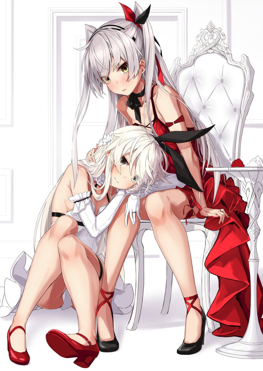 2girls absurdres alternate_costume amatsukaze_(kantai_collection) bangs black_eyes black_footwear blush breasts chair choker criss-cross_halter dress elbow_gloves eyes_visible_through_hair fanbox_reward gloves hair_ornament hair_ribbon hairband halterneck high_heels highres kantai_collection lap_pillow long_hair multiple_girls open_mouth paid_reward red_dress red_footwear ribbon ribbon_choker shimakaze_(kantai_collection) silver_hair sitting sleeveless sleeveless_dress small_breasts smile takanashi_kei_(hitsujikan) two_side_up white_dress white_gloves white_hair yellow_eyes