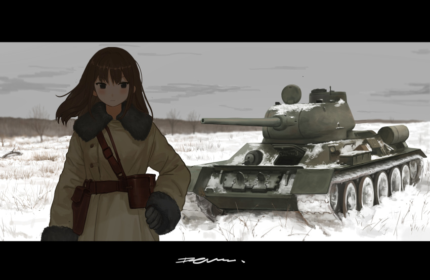 1girl absurdres bangs bare_tree black_eyes black_gloves brown_hair closed_mouth coat cowboy_shot devil_lo field fur_trim gloves grey_sky ground_vehicle hand_on_hip highres long_hair looking_at_viewer military military_vehicle motor_vehicle original signature snow solo standing straight_hair t-34 tank tree