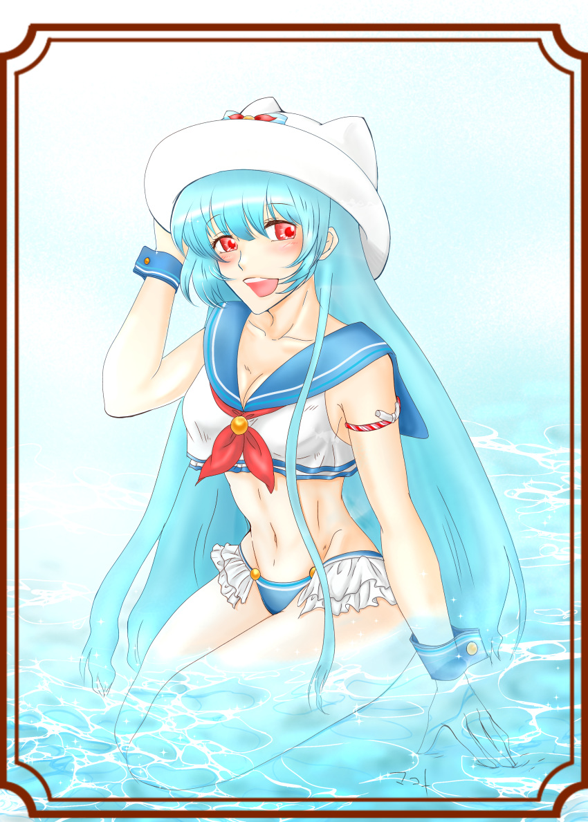 1girl absurdres bangs bikini blue_hair breasts frilled_bikini frills hat highres kula_diamond long_hair looking_at_viewer medium_breasts sailor_collar simple_background smile swimsuit the_king_of_fighters violet_eyes water