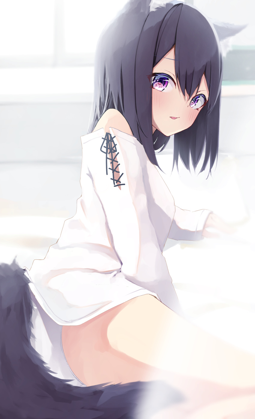 1girl absurdres animal_ear_fluff animal_ears bangs bare_shoulders black_hair blush highres looking_at_viewer lying mayogii medium_hair on_side original solo tail violet_eyes