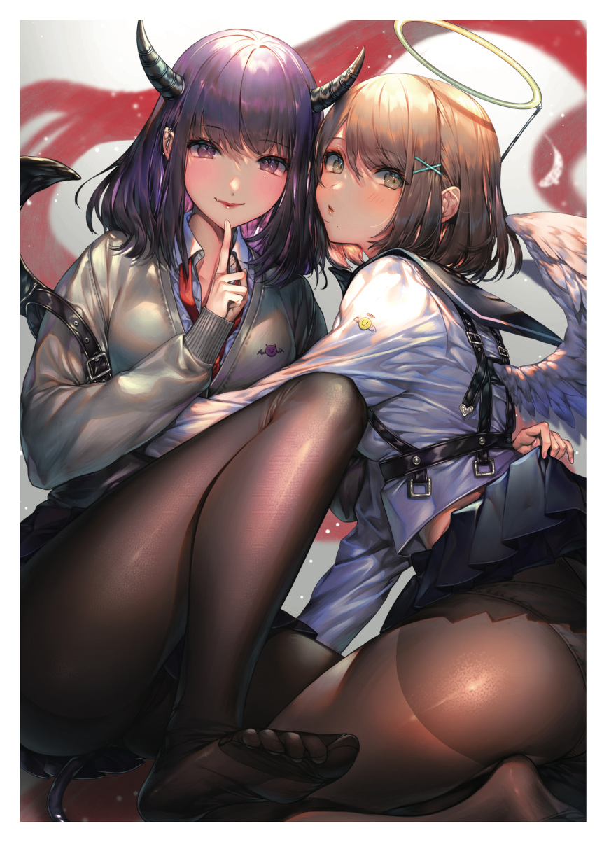 2girls angel angel_and_devil angel_wings ass badge bangs black_legwear black_sailor_collar black_skirt blush border breasts brown_hair brown_legwear cardigan closed_mouth collarbone collared_shirt crotch_seam demon_girl demon_horns demon_tail demon_wings dress_shirt ear_piercing eyebrows_visible_through_hair eyelashes fang feathered_wings feathers feet finger_to_mouth fingernails from_side gradient gradient_hair green_eyes grey_cardigan hair_between_eyes hair_ornament halo hand_on_floor hand_up harness highres horns hug index_finger_raised knee_up legs lifted_by_another long_hair long_sleeves looking_at_viewer loose_necktie medium_breasts miniskirt mole mole_under_eye mole_under_mouth multicolored_hair multiple_girls nail_polish necktie no_shoes non-web_source original panties panties_under_pantyhose pantyhose piercing pink_hair pink_nails pleated_skirt purple_hair purple_panties purple_skirt red_lips red_neckwear sailor_collar scan school_uniform seiza senchat serafuku shiny shiny_hair shiny_legwear shirt side-by-side sidelocks sitting skin_fang skirt skirt_lift sleeves_past_wrists slit_pupils smile soles tail thighband_pantyhose toe_scrunch toenails toes two-tone_hair underwear violet_eyes white_border white_shirt white_skirt white_wings wing_collar wings x_hair_ornament