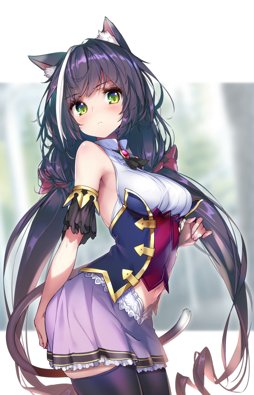 1girl absurdres animal_ear_fluff animal_ears bangs bare_shoulders black_hair black_legwear blush bow breasts brooch cat_ears cat_girl cat_tail closed_mouth eyebrows_visible_through_hair green_eyes hair_between_eyes hair_bow highres hong_(white_spider) jewelry karyl_(princess_connect!) large_breasts long_hair looking_at_viewer low_twintails multicolored_hair navel paid_reward patreon_reward princess_connect! princess_connect!_re:dive red_bow shirt skirt sleeveless sleeveless_shirt solo standing streaked_hair tail thigh-highs trembling twintails underwear very_long_hair white_hair white_shirt