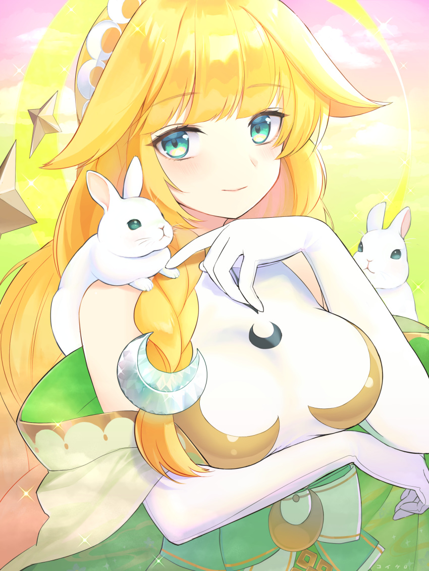 1girl absurdres animal_on_shoulder arm_under_breasts bangs blonde_hair blunt_bangs blush breasts closed_mouth commentary_request crescent dress elbow_gloves eyebrows_visible_through_hair gloves green_eyes hair_flaps hand_up highres kkokko long_hair looking_at_viewer medium_breasts mikazuki_munechika monster_strike rabbit smile solo upper_body very_long_hair white_dress white_gloves
