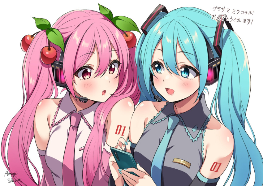 2girls :d :o amagi_shino aqua_eyes aqua_hair aqua_nails aqua_neckwear artist_name bare_shoulders black_sleeves blush cellphone cherry_hair_ornament collarbone commentary detached_sleeves dual_persona food_themed_hair_ornament grey_shirt hair_ornament hatsune_miku headphones headset highres holding holding_phone leaf long_hair looking_at_another multiple_girls nail_polish necktie open_mouth phone pink_eyes pink_hair pink_neckwear pink_sleeves sakura_miku shirt shoulder_blush shoulder_tattoo side-by-side sleeveless sleeveless_shirt smartphone smile tattoo translated twintails upper_body very_long_hair vocaloid white_background