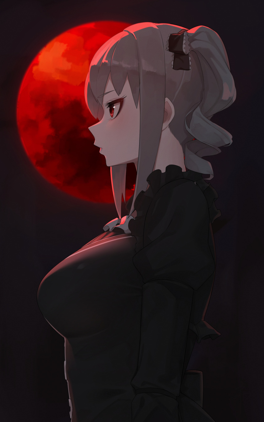 1girl bangs black_background black_dress blush breasts closed_mouth commentary_request dress drill_hair frilled_dress frills from_side full_moon grey_hair highres idolmaster idolmaster_cinderella_girls juliet_sleeves kanzaki_ranko long_sleeves looking_away medium_breasts moon profile puffy_sleeves red_eyes red_moon senju_(snz0) short_hair side_ponytail sidelocks solo upper_body