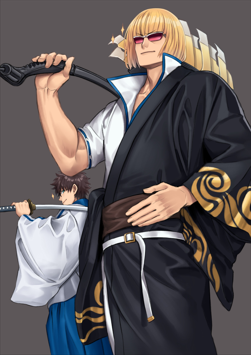 2boys absurdres bangs belt black_hair blonde_hair blue_eyes bowl_cut collar collarbone cosplay fate/grand_order fate_(series) fujimaru_ritsuka_(male) gintama highres japanese_clothes katana kimono looking_at_another looking_to_the_side multiple_boys open_clothes open_kimono over_shoulder sakata_kintoki_(fate/grand_order) sakata_kintoki_(gintama) sakata_kintoki_(gintama)_(cosplay) shimura_shinpachi shimura_shinpachi_(cosplay) shirt simple_background smile sora_yoshitake_yuda sparkle sunglasses sword toned toned_male upper_body weapon weapon_over_shoulder