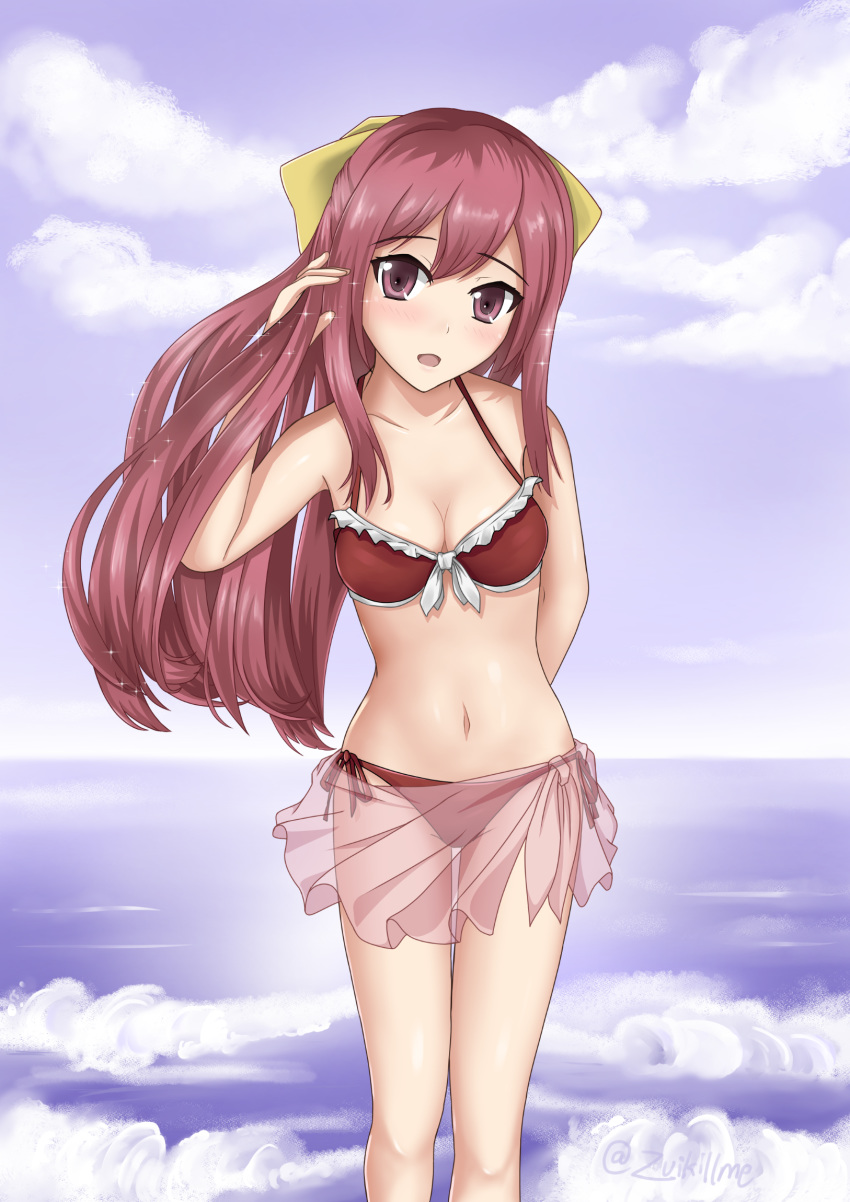 1girl bikini blue_sky clouds cowboy_shot frilled_bikini frills front-tie_top highres horizon kamikaze_(kantai_collection) kantai_collection leaning_to_the_side long_hair looking_at_viewer ocean red_bikini red_eyes redhead sarong see-through side-tie_bikini sky solo standing swimsuit zuikillme