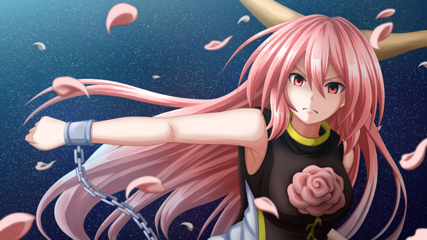1girl armpits blurry blurry_foreground breasts chain clenched_hand commentary_request cuffs depth_of_field flower frown furrowed_eyebrows hair_between_eyes highres horns ibaraki_douji_(touhou) large_breasts long_hair looking_at_viewer night night_sky outstretched_arm petals pink_eyes pink_flower pink_hair pink_rose rose shackles shirt sky sleeveless sleeveless_shirt solo standing star_(sky) starry_sky tabard tatsu_toyoyo touhou upper_body very_long_hair white_shirt