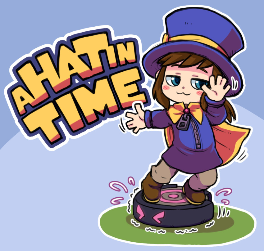 &gt;_&lt; 1girl :3 a_hat_in_time beige_pants blue_background blue_eyes blush_stickers boots brown_footwear brown_hair cape copyright_name dancing full_body hat hat_kid highres jacket long_hair purple_headwear purple_jacket robot roomba solo standing top_hat yellow_cape yugmlecpdduukox zipper