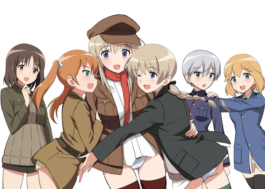 6+girls :d ;d amelie_planchard arm_around_waist ass ass_visible_through_thighs bangs belt black_belt black_jacket black_legwear black_ribbon blazer blonde_hair blue_eyes blue_jacket bob_cut bow bow_panties braid brown_headwear brown_jacket chin_grab commentary_request crotch_seam eyebrows_visible_through_hair flat_cap francie_gerard green_eyes grey_eyes grey_hair hair_ribbon hat highres hug jacket kadomaru_misa kaneko_(novram58) laura_toth light_brown_hair long_hair looking_at_another looking_at_viewer looking_back lynette_bishop medium_hair military military_uniform multiple_girls necktie no_pants one_eye_closed open_mouth orange_hair panties partial_commentary red_scarf ribbon scarf shirt short_hair siblings simple_background sisters smile strike_witches thigh-highs twin_braids twintails underwear uniform very_short_hair white_background white_panties white_ribbon white_shirt wilma_bishop wing_collar world_witches_series