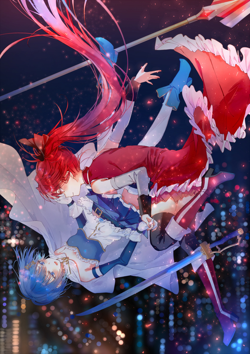 2girls absurdres bare_shoulders black_bow black_legwear blood blue_eyes blue_hair blue_skirt boots bow breasts cape detached_sleeves dress frills hair_bow hair_ornament highres holding interlocked_fingers knee_boots long_hair looking_at_another mahou_shoujo_madoka_magica medium_breasts miki_sayaka miniskirt mirin_boshi multiple_girls open_mouth pleated_skirt polearm ponytail red_dress red_eyes red_footwear redhead sakura_kyouko short_hair skirt soul_gem spear strapless thigh-highs tubetop very_long_hair weapon white_cape white_legwear zettai_ryouiki