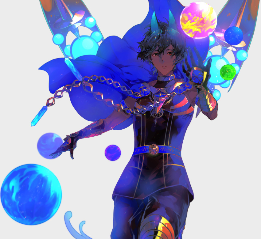 1boy arjuna_(fate/grand_order) arjuna_alter bangs black_eyes black_hair capelet dark_skin dark_skinned_male fate/grand_order fate_(series) fu_yukari gloves glowing hair_between_eyes highres horns jewelry looking_at_viewer male_focus open_hands pants shiny shiny_hair solo sphere tail upper_body vambraces white_background wings