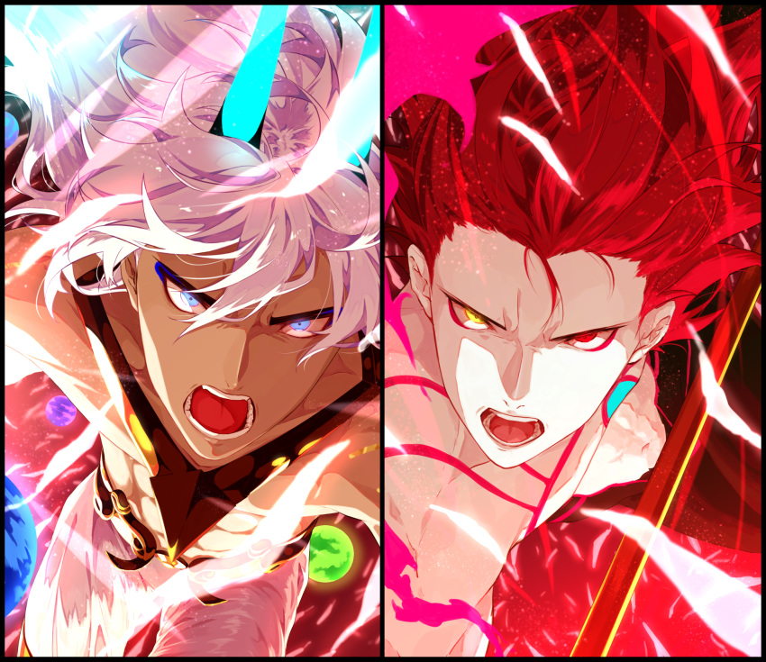 2boys abs alternate_costume alternate_hairstyle angry arjuna_alter bangs blue_eyes chest_tattoo dark_skin dark_skinned_male earrings fate/grand_order fate_(series) fighting_stance glowing_horns hair_between_eyes heterochromia highres horns hukahire0313 jewelry karna_(fate) lance long_hair looking_at_viewer male_focus multiple_boys open_mouth pale_skin polearm redhead shiny shiny_hair shirtless split_screen tail tattoo toned toned_male upper_body weapon white_hair yellow_eyes