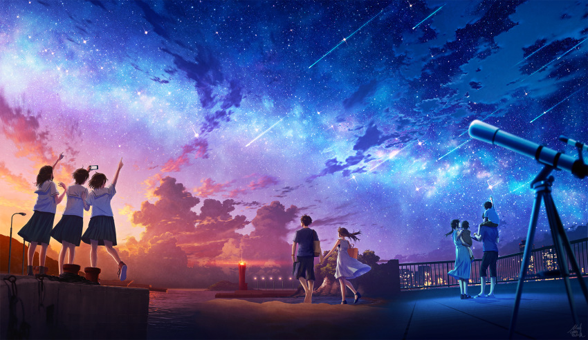 3boys 6+girls black_skirt child clouds cloudy_sky day_and_night dress family highres holding_hands light_rays meteor_shower milky_way mocha_(cotton) multiple_boys multiple_girls night night_sky original outdoors pointing railing rooftop school_uniform shirt shooting_star skirt sky star_(sky) starry_sky sunbeam sunlight taking_picture telescope white_dress white_shirt wide_shot