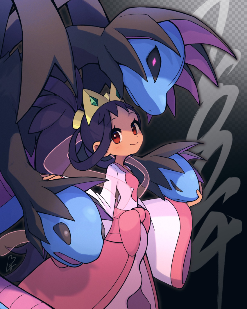 1girl artist_name black_background black_hair checkered_background closed_mouth dark-skinned_female dark_skin dress gradient_background hair_rings hand_on_another's_face hand_on_another's_head highres hydreigon iris_(pokemon) long_hair looking_at_viewer multiple_heads noi_(noi_pk27) pink_dress pink_skirt pokemon pokemon_(creature) pokemon_bw2 red_eyes ribbon sash skirt tiara wide_sleeves
