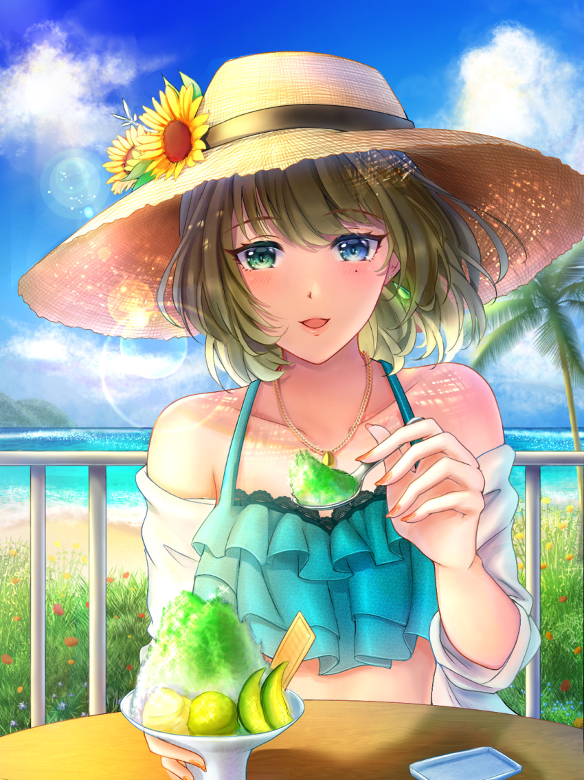 1girl :d bangs bikini breasts earrings eyebrows_visible_through_hair food frilled_bikini frills fruit green_bikini green_eyes green_hair hat heterochromia highres idolmaster idolmaster_cinderella_girls jacket jewelry medium_hair nail_polish necklace nyome991 off-shoulder_jacket off_shoulder open_clothes open_jacket open_mouth orange_nails outdoors railing shaved_ice small_breasts smile sun_hat swimsuit takagaki_kaede white_jacket