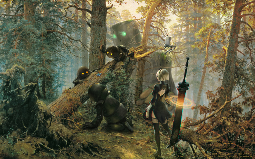 1girl animal black_blindfold black_hairband black_legwear blindfold boots bug butterfly fine_art_parody floating floating_weapon forest glowing glowing_eyes green_eyes hairband high_heels highres insect knee_boots landscape log morning_in_a_pine_forest moss nature nier_(series) nier_automata oliver_wetter orange_eyes outdoors painting parody pod_(nier_automata) robot short_hair standing sword thigh-highs weapon white_hair yorha_no._2_type_b