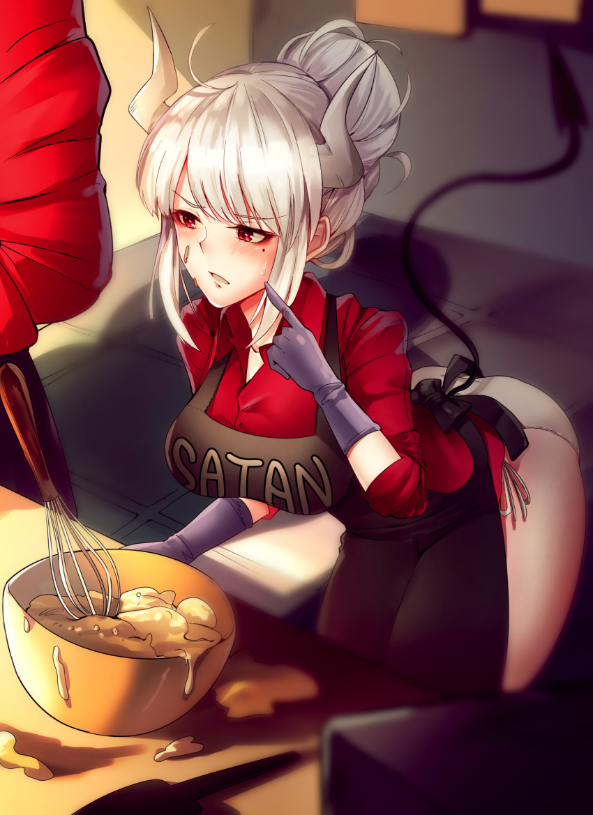 1boy 1girl apron ass black_apron black_tail blush breasts cooking demon_girl demon_horns demon_tail dirty dirty_face dough food food_on_face gloves helltaker helltaker_(character) highres horns large_breasts long_hair lucifer_(helltaker) mole mole_under_eye panties red_eyes red_shirt shadow shirt shumiao tail thighs underwear white_hair white_horns white_panties