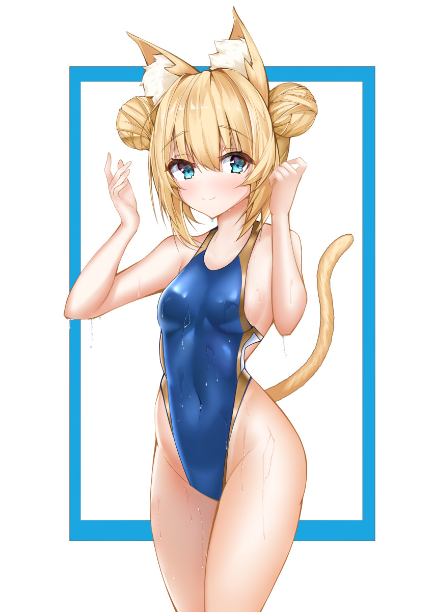 1girl absurdres animal_ear_fluff animal_ears blonde_hair blue_eyes blue_swimsuit breasts cat_ears cat_tail competition_swimsuit cowboy_shot double_bun girls_frontline highleg highleg_swimsuit highres idw_(girls_frontline) long_hair looking_at_viewer one-piece_swimsuit small_breasts solo standing swimsuit tail tor_ai wet white_background