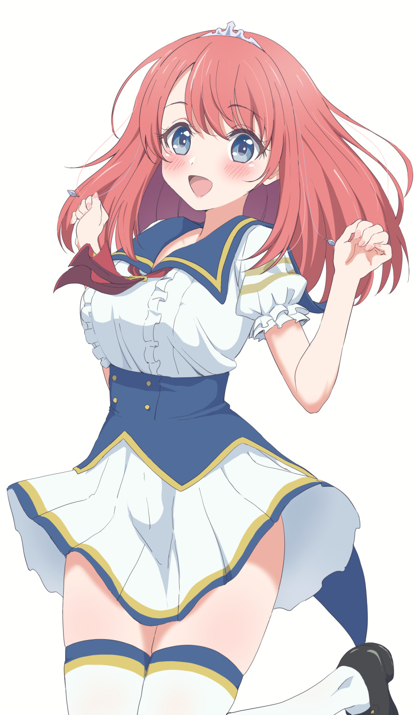 1girl :d absurdres bangs black_footwear blue_eyes blue_sailor_collar blush breasts brown_hair center_frills character_request commentary_request eyebrows_visible_through_hair frills hands_up highres lapis_re:lights large_breasts long_hair open_mouth pleated_skirt puffy_short_sleeves puffy_sleeves sailor_collar school_uniform serafuku shirt shoes short_sleeves simple_background skirt smile solo thigh-highs tiara trg-_(sain) white_background white_legwear white_shirt white_skirt