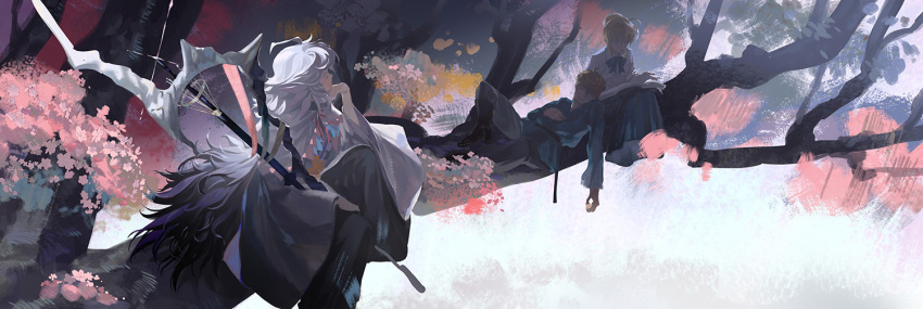 1girl 2boys ahoge artoria_pendragon_(all) black_footwear blonde_hair blue_bow blue_neckwear blue_skirt book boots bow branch cherry_blossoms commentary fate/grand_order fate_(series) flower grey_hair grey_pants holding holding_weapon japanese_clothes long_hair long_skirt male_focus mcmeao merlin_(fate) multiple_boys open_book pants saber shirt short_hair sitting skirt tree wavy_hair weapon white_shirt