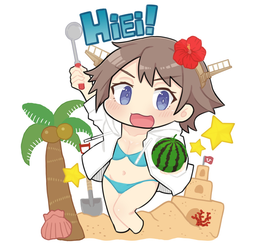 1girl absurdres bikini blue_bikini brown_hair character_name chibi commentary_request dokuganryuu flipped_hair food fruit hairband headgear hiei_(kantai_collection) highres hood hooded_jacket hoodie jacket kantai_collection ladle looking_at_viewer open_clothes open_jacket open_mouth palm_tree sand_castle sand_sculpture shell short_hair shovel simple_background smile solo star_(symbol) swimsuit tree violet_eyes watermelon white_background white_jacket