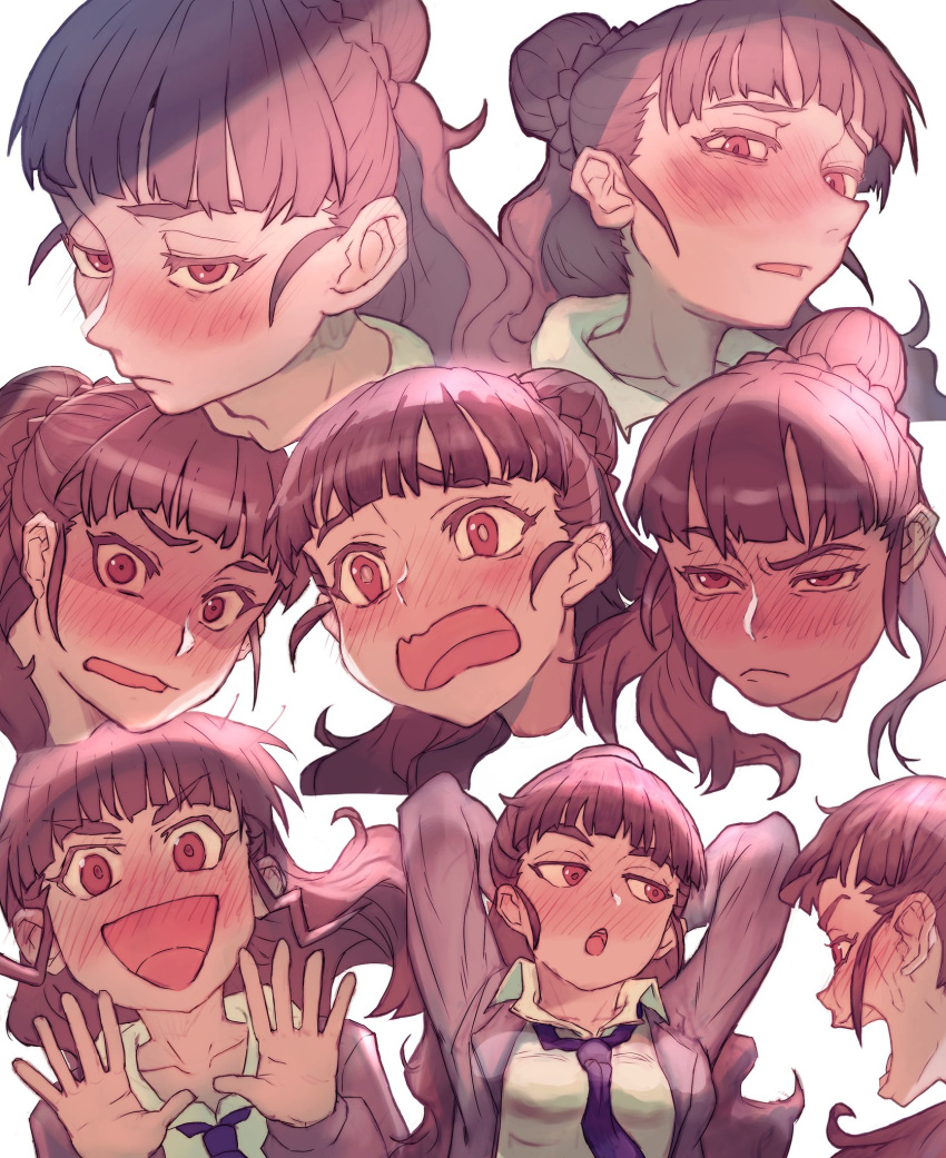 1girl arms_behind_back blue_neckwear blush braid braided_bun brown_hair collarbone collared_shirt ears expressions eyelashes hair_bun hands_up highres hood hoodie idolmaster idolmaster_cinderella_girls kamiya_nao medium_hair multiple_views open_mouth red_eyes reomenka shaded_face shirt solo thick_eyebrows wavy_mouth white_background white_shirt