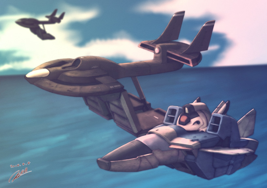 aircraft airplane clouds core_fighter dated fighter_jet flying gundam highres jet mecha military military_vehicle mn_315_art no_humans ocean setter_h926 signature sky vehicle victory_gundam victory_gundam_hexa