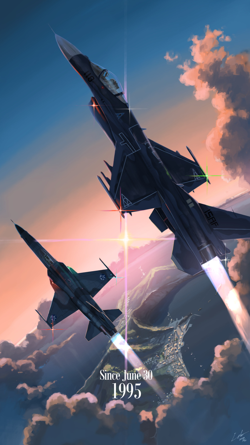 absurdres ace_combat ace_combat_04 aircraft airplane airplane_wing anniversary city_below clouds dated f-16_fighting_falcon f-20_tigershark fighter_jet flying highres isaf jet light military military_vehicle mountain signature sunlight sunset tagme utachy water