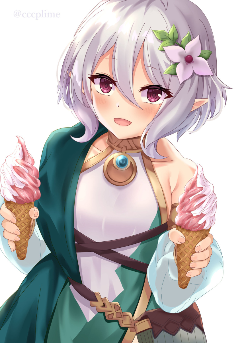 1girl :d ahoge asymmetrical_clothes bangs breasts collarbone commentary_request covered_navel detached_sleeves dress elf eyebrows_visible_through_hair flower food hair_between_eyes hair_flower hair_ornament highres holding holding_food ice_cream kokkoro_(princess_connect!) leaf long_sleeves looking_at_viewer multicolored multicolored_clothes multicolored_dress open_mouth pointy_ears pouch princess_connect! princess_connect!_re:dive see-through short_hair silver_hair single_bare_shoulder smile soft_serve solo twitter_username upper_body violet_eyes white_flower yagiryu