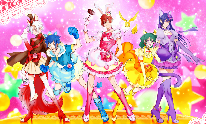 1girl 4boys allen_walker animal_ears arm_behind_back back_bow bangs bike_shorts black_headwear blue_eyes blue_gloves blue_hair blue_legwear blue_skirt boots bow cat_ears character_request choker closed_mouth contrapposto cosplay cure_chocolat cure_chocolat_(cosplay) cure_custard cure_custard_(cosplay) cure_gelato cure_gelato_(cosplay) cure_macaron cure_macaron_(cosplay) cure_parfait cure_parfait_(cosplay) d.gray-man dog_ears elbow_gloves eyepatch facial_mark floating_hair frilled_skirt frills full_body fur_boots gloves green_eyes green_hair hair_between_eyes hat high_heel_boots high_heels holding kaliumxxx kanda_yuu kirakira_precure_a_la_mode knee_boots lavi layered_skirt lenalee_lee long_hair looking_at_viewer mini_hat miniskirt multiple_boys paw_gloves paws pink_footwear pink_skirt pleated_skirt precure purple_bow purple_footwear purple_gloves purple_hair rabbit_ears red_footwear red_shorts redhead short_shorts short_sleeves shorts shorts_under_skirt silver_hair skirt smug star_(symbol) thigh-highs thigh_boots very_long_hair violet_eyes white_gloves white_legwear white_skirt yellow_skirt zettai_ryouiki