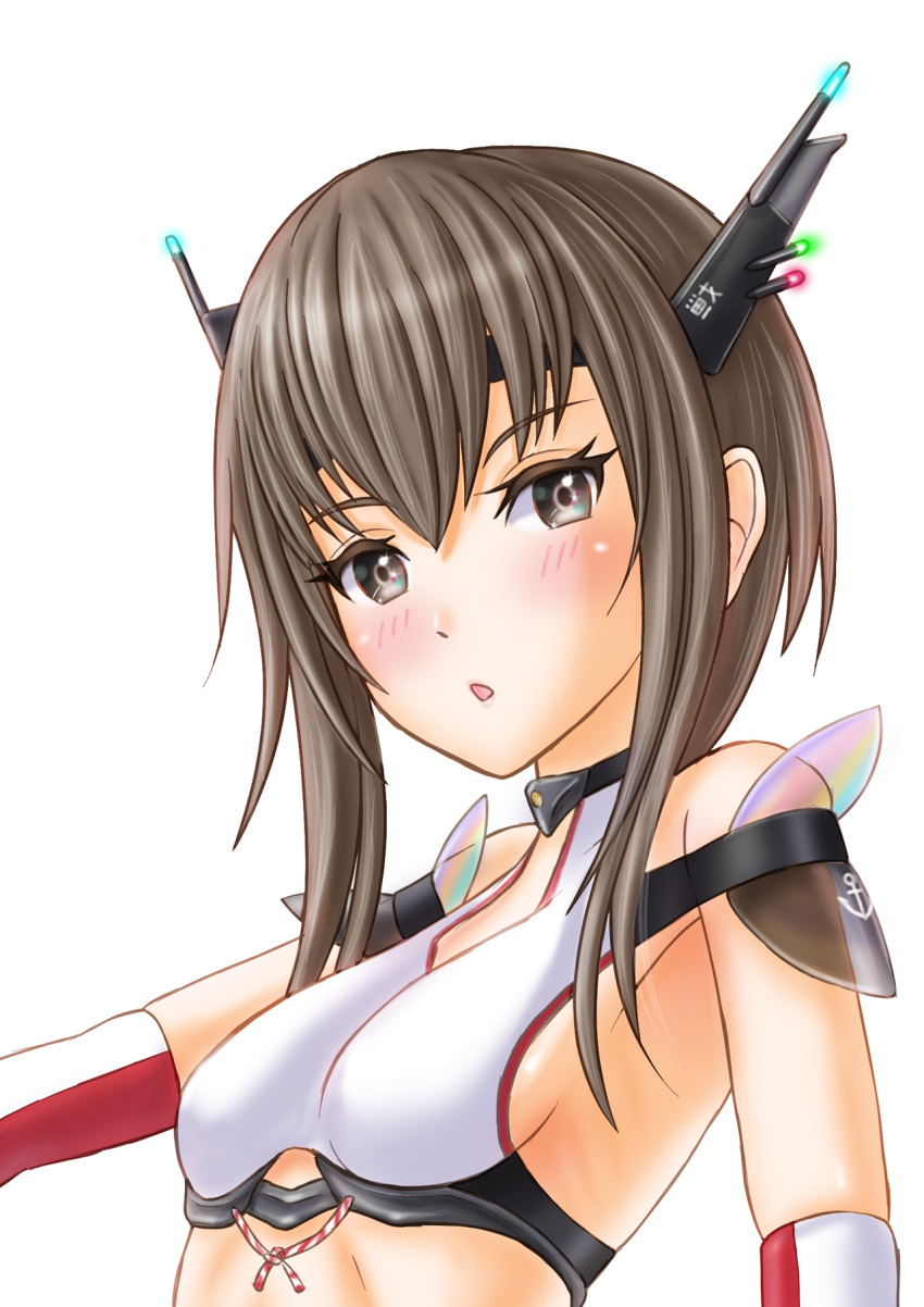 1girl bangs bikini bikini_top blush breasts brown_eyes brown_hair choker close-up commentary_request elbow_gloves eyebrows_visible_through_hair gloves head_tilt headband headgear highres kantai_collection looking_at_viewer parted_lips racequeen short_hair shoulder_pads sideboob sidelocks simple_background skypixter small_breasts solo swimsuit taihou_(kantai_collection) white_background white_gloves