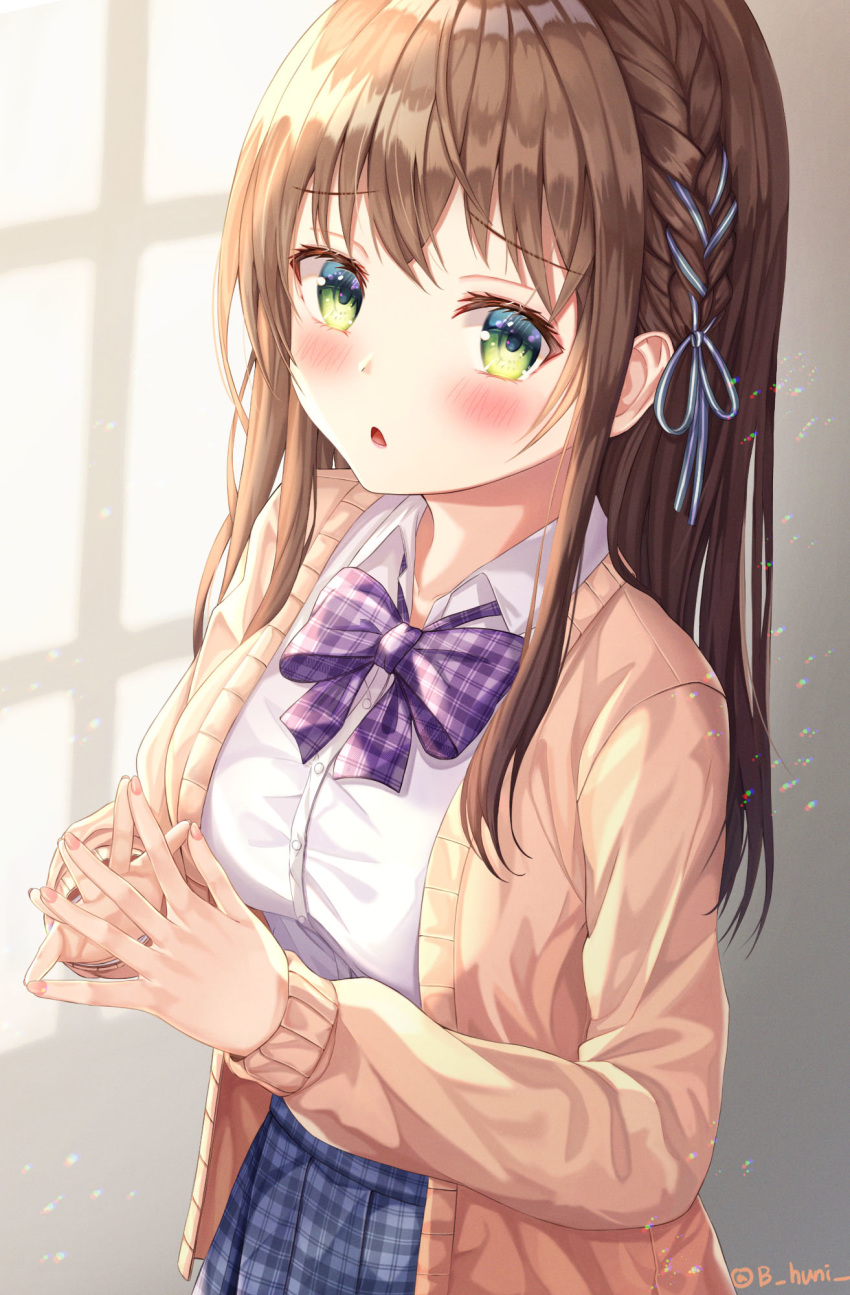 1girl :o bangs blue_ribbon blue_skirt blush bow braid breasts brown_cardigan brown_hair cardigan collared_shirt commentary dress_shirt eyebrows_visible_through_hair funii green_eyes hair_ribbon highres indoors long_hair long_sleeves looking_at_viewer medium_breasts open_cardigan open_clothes original parted_lips plaid plaid_bow pleated_skirt purple_bow ribbon school_uniform shirt skirt solo steepled_fingers twitter_username white_shirt window