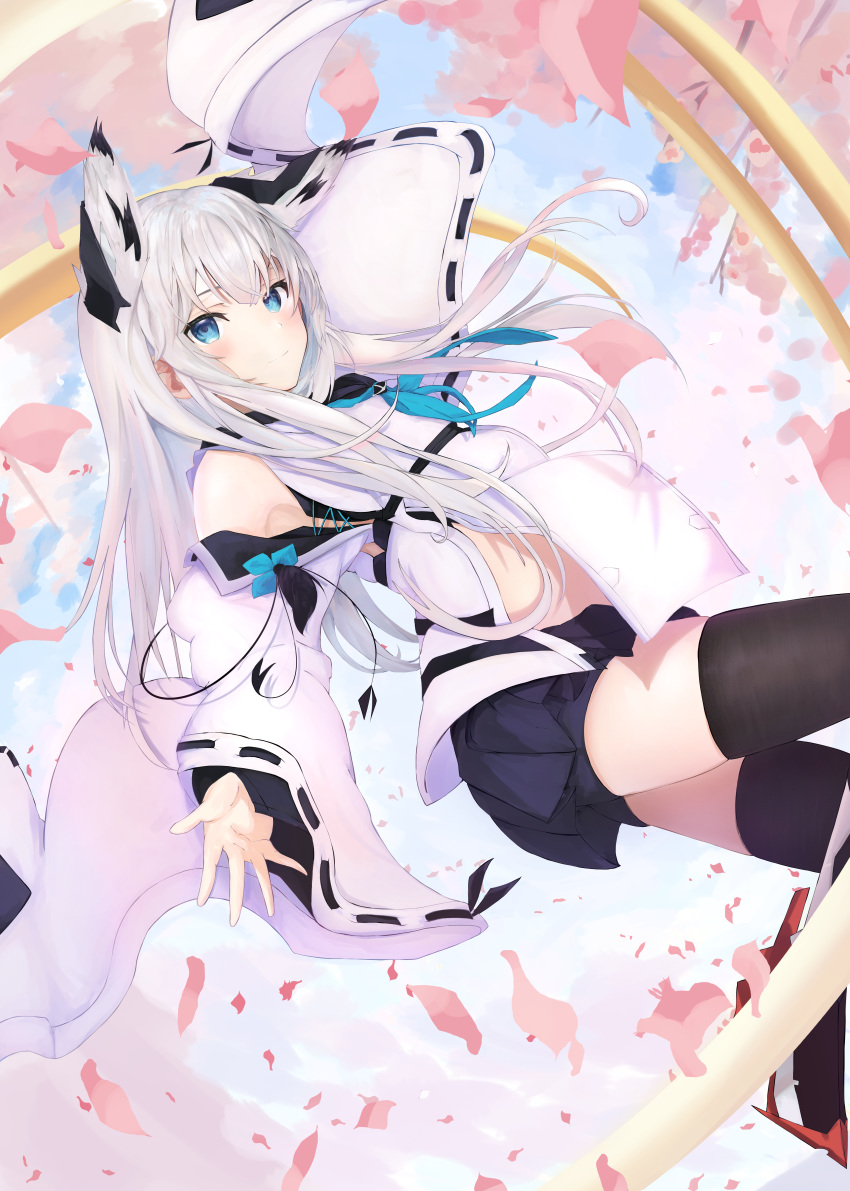 1girl absurdres animal_ears aqua_eyes ascot azur_lane bangs bare_shoulders black_legwear black_sailor_collar black_skirt bloomers blue_eyes blue_neckwear blush bow cherry_blossoms detached_sleeves dutch_angle eyebrows_behind_hair falling fox_ears grey_hair highres huge_filesize japanese_clothes kawakaze_(azur_lane) kejirion long_hair long_sleeves looking_at_viewer midriff midriff_peek miniskirt navel nontraditional_miko pleated_skirt reaching_out ribbon ribbon-trimmed_clothes ribbon-trimmed_sleeves ribbon_trim sailor_collar shorts shorts_under_skirt sidelocks silver_hair skirt sky smile solo thigh-highs underwear white_hair wide_sleeves zettai_ryouiki