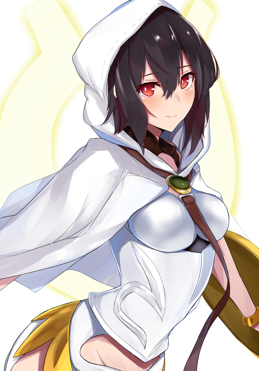 1girl absurdres armor armored_dress bangs black_hair blush breasts brooch capelet closed_mouth energy_wings fate/grand_order fate_(series) hair_between_eyes head_wings highres hood hood_up hooded_capelet jewelry looking_at_viewer medium_breasts nanakaku ortlinde_(fate/grand_order) red_eyes shield short_hair simple_background smile underbust valkyrie_(fate/grand_order) white_capelet