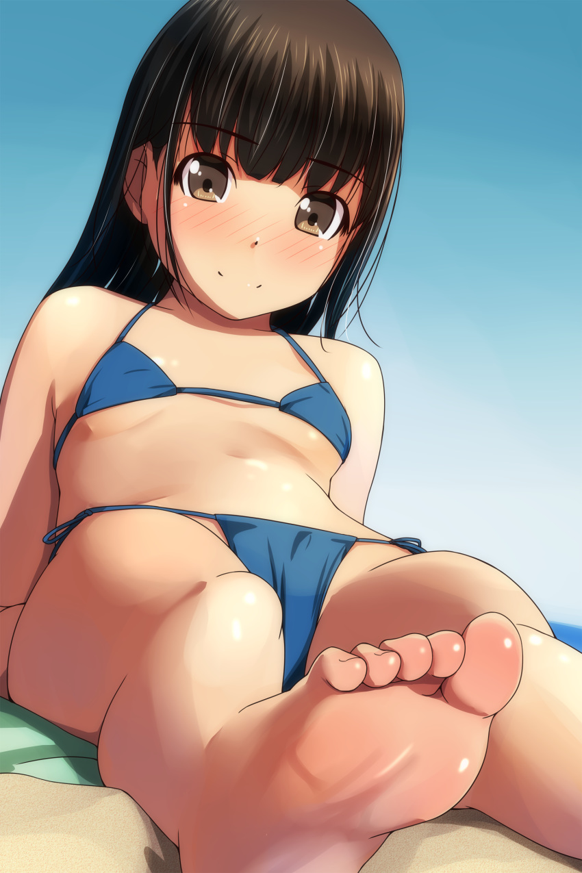 1girl absurdres arm_support bangs bare_arms bare_legs barefoot bikini blush breasts brown_eyes brown_hair closed_mouth commentary_request eyebrows_visible_through_hair halterneck highres long_hair looking_at_viewer lying matsunaga_kouyou navel nose_blush original outdoors side-tie_bikini small_breasts smile soles solo swimsuit thighs