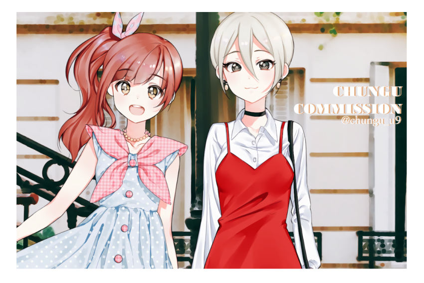 2girls :3 :d artist_name bare_shoulders black_choker black_eyes blonde_hair blue_dress border bow brown_eyes brown_hair choker chungu collared_shirt commission dress earrings eyebrows_visible_through_hair grey_hair hair_between_eyes hair_bow idolmaster idolmaster_cinderella_girls igarashi_kyouko jewelry long_sleeves looking_at_viewer multiple_girls one_side_up open_mouth pink_bow polka_dot polka_dot_bow polka_dot_dress red_dress shiomi_shuuko shirt short_hair smile twitter_username unmoving_pattern white_border white_shirt wing_collar