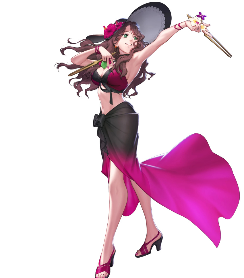 1girl dorothea_arnault fire_emblem fire_emblem:_three_houses fire_emblem_heroes full_body hat highres official_art sandals sarong solo sun_hat swimsuit toes transparent_background