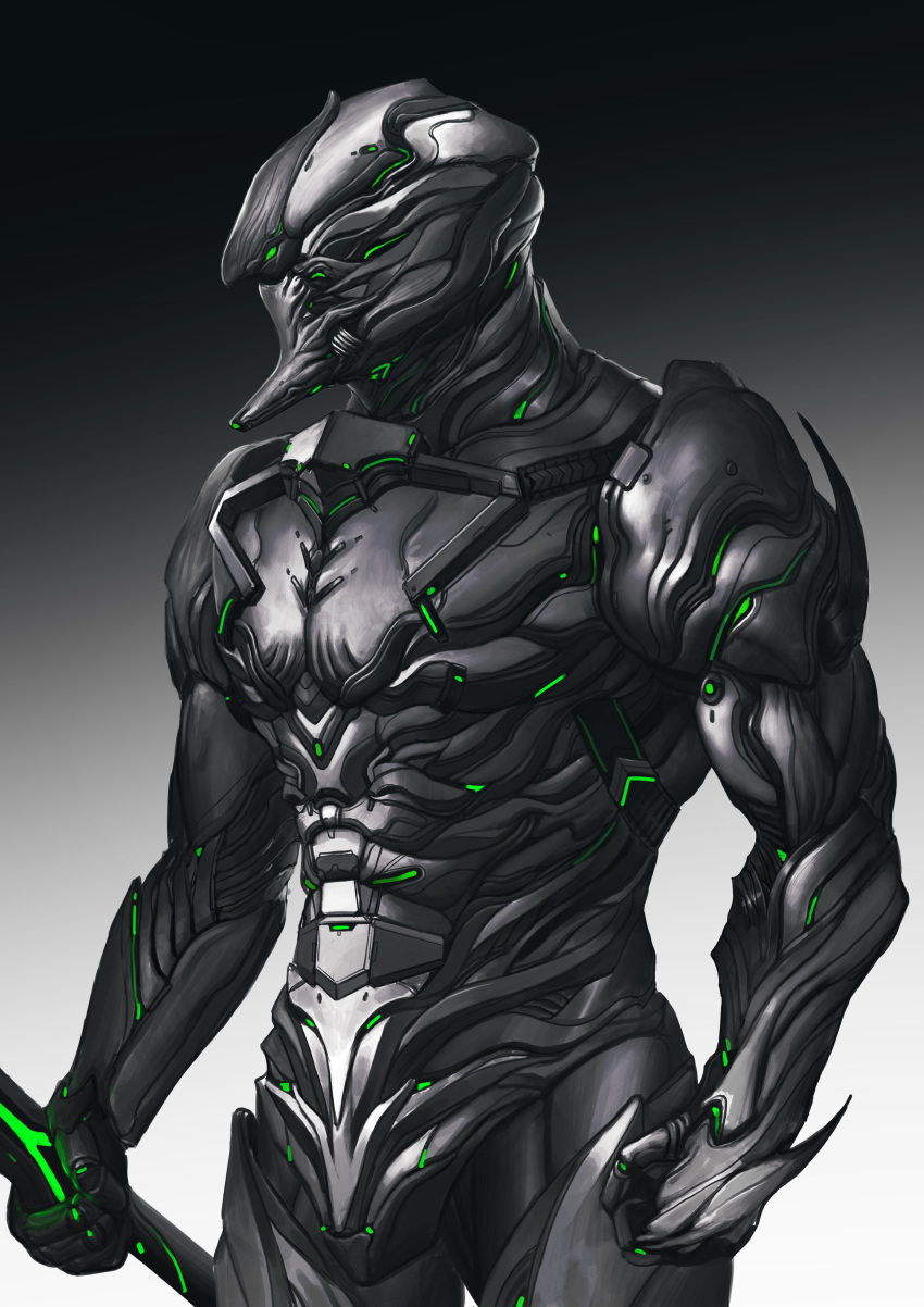 1boy absurdres collarbone cyborg devil_lo glowing gradient gradient_background green_eyes highres holding holding_sword holding_weapon male_focus organic original science_fiction solo sword weapon